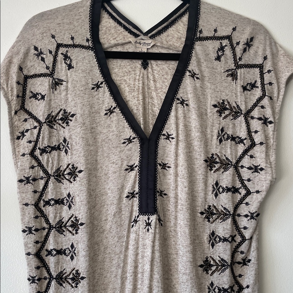 Lucky Brand|Boho Chic Embroidered tunic top w/ beading|oatmeal/black| Large| EUC - Picture 4 of 14
